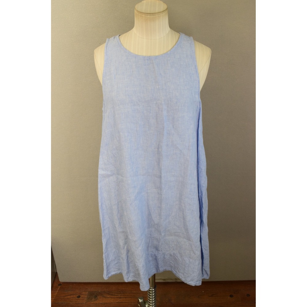 J.Crew Linen Maxine Shift Dress M Light Blue Button Back Women Sleeveless Summer